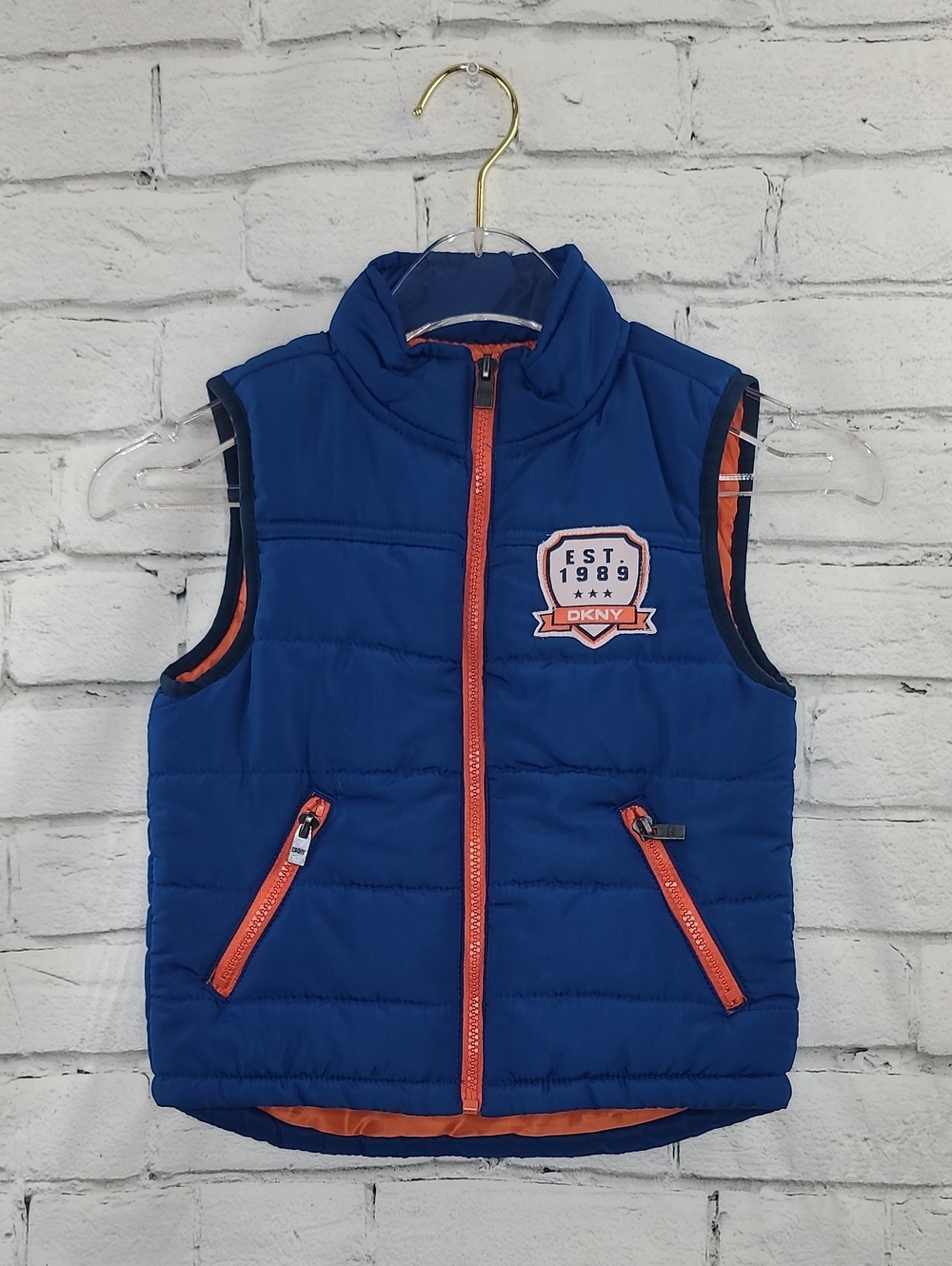 DKNY Boys Zip Up Hi-Neck Sleeveless Quilted Puffer Vest/Jacket in Blue/Orange